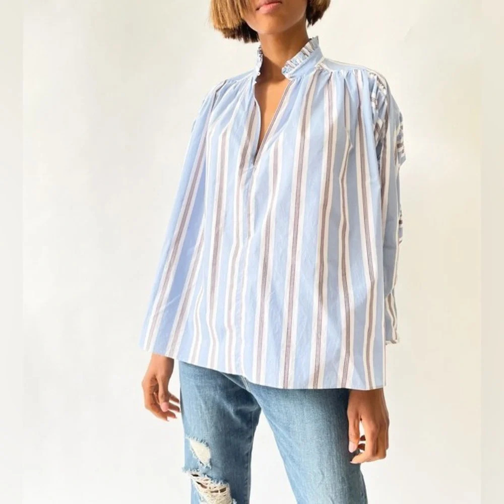 Maje Lavia striped ruffle collar woven long sleeve shirt 13489 - Picture 2 of 12